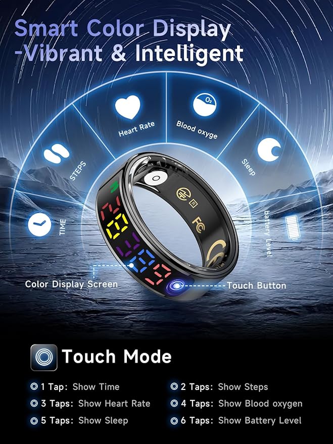 Smart Ring for Women Men, Health Ring with Colorful Display, Fitness Tracker with Heart Rate, Blood Oxygen, Sleep Monitor, No Subscription Fee, 5ATM Waterproof for iPhone & Android (Rose Gold, 12)