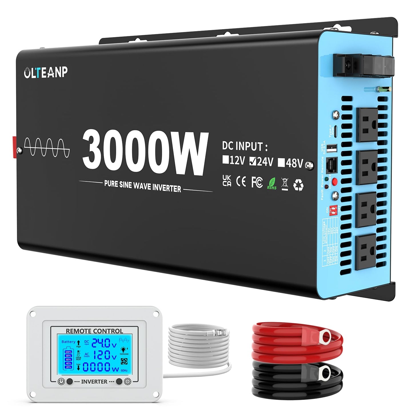 24V 3000 Watts Pure Sine Wave Inverter 24V DC to 110V AC, 6000W Peak Power, 4 AC Outlets, USB & Type-C Port, Adjustable Input for Lithium Battery, Solar/RV/Truck Backup with LCD Remote