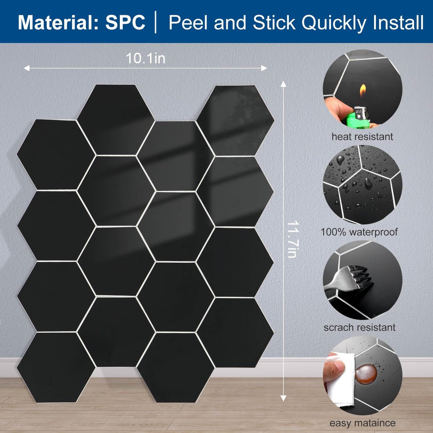 Yipscazo 10 Sheets Hexagon Peel and Stick Backsplash,Self Adhesive Luxury Faux Marble Tile,Pure Black Wall Tile for Kitchen, Stick on Backsplash Tiles for Bathroom,RV,Laundry