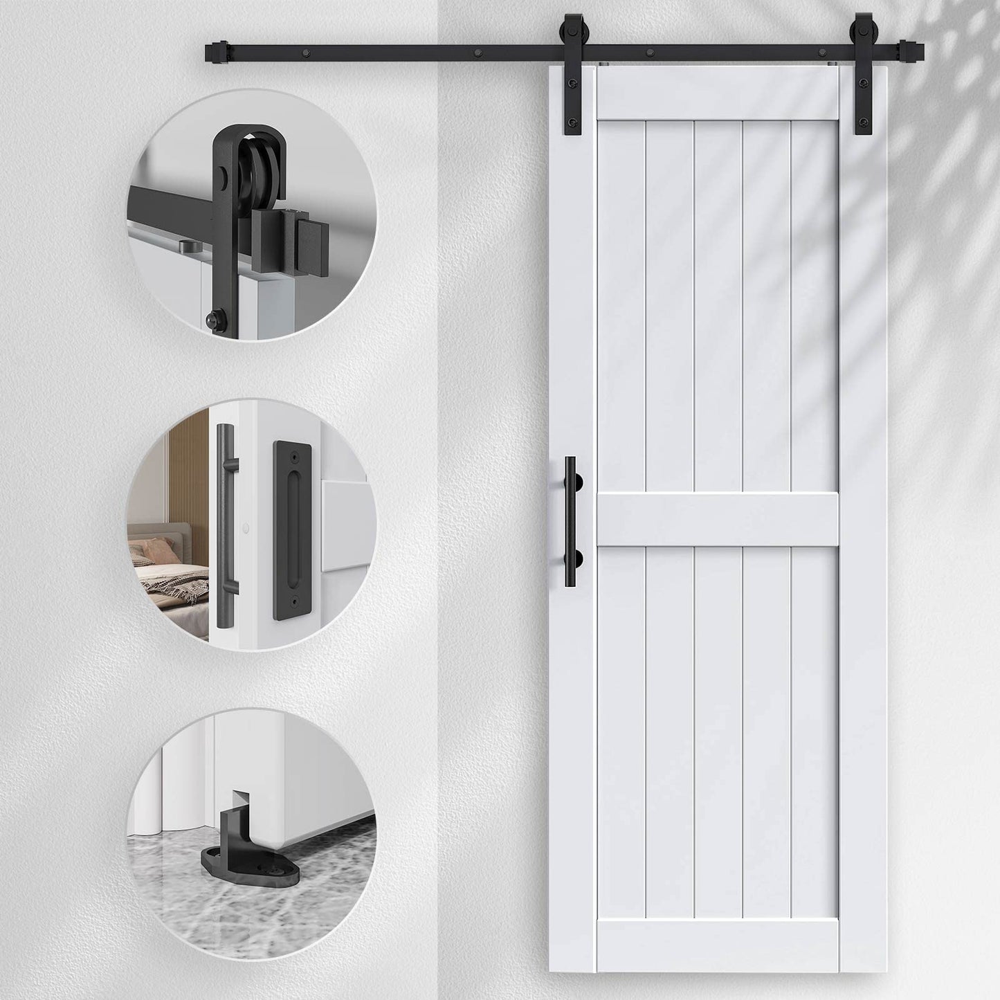 EaseLife 30 x 80 inch White Barn Door with 5.5FT Sliding Door Hardware Kit Included & Handle,Solid Wood Covered with Waterproof PVC Surface,DIY Assemblely,Easy Install,H-Frame,Fit 26-28in Wide Opening
