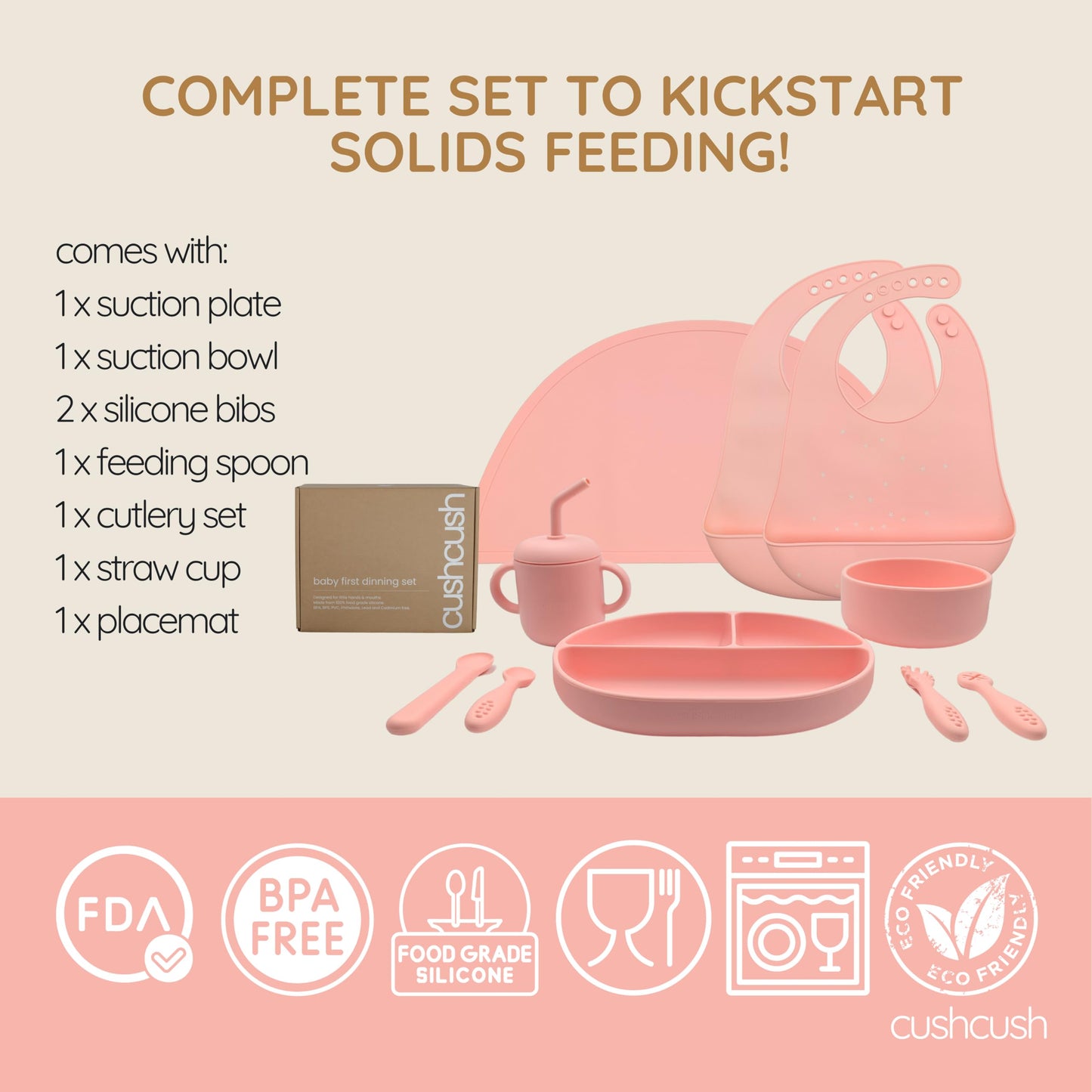 Cushcush Silicone Baby Feeding Set, Baby Led Weaning Supplies, First Stage Solid Food eating Utensils, Divided Suction Plate, Bowl, Bibs, Sippy Cup, Placemat - 6+ months Newborn Gift (Blush Pink)