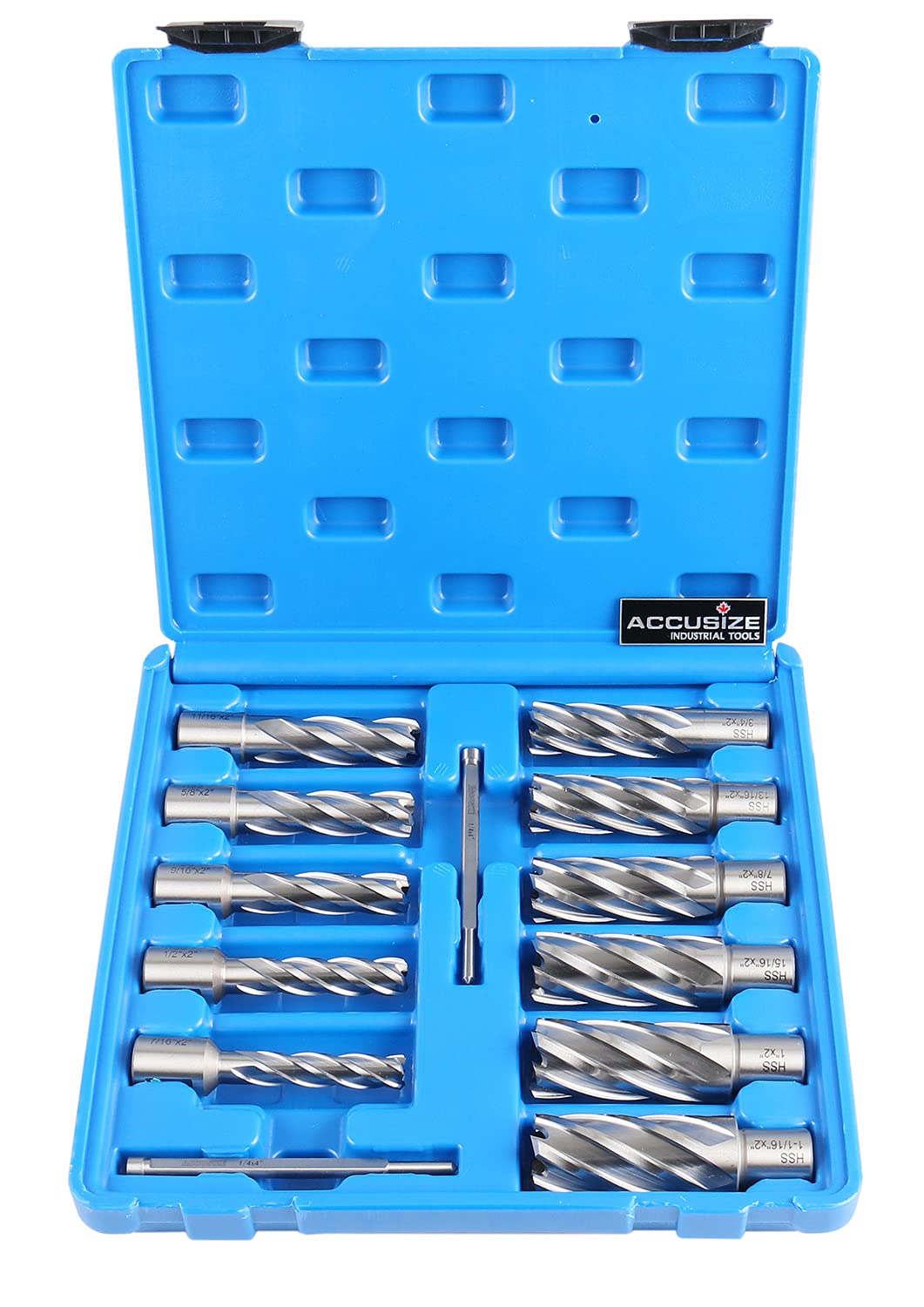 Accusize Industrial Tools 13 Pc 7/16'' to 1-1/16'' H.S.S. Annular Cutters, 2'' Cutting Depth, 3/4'' Weldon Shank, with 2 Pilot Pins, Strong Case, N2