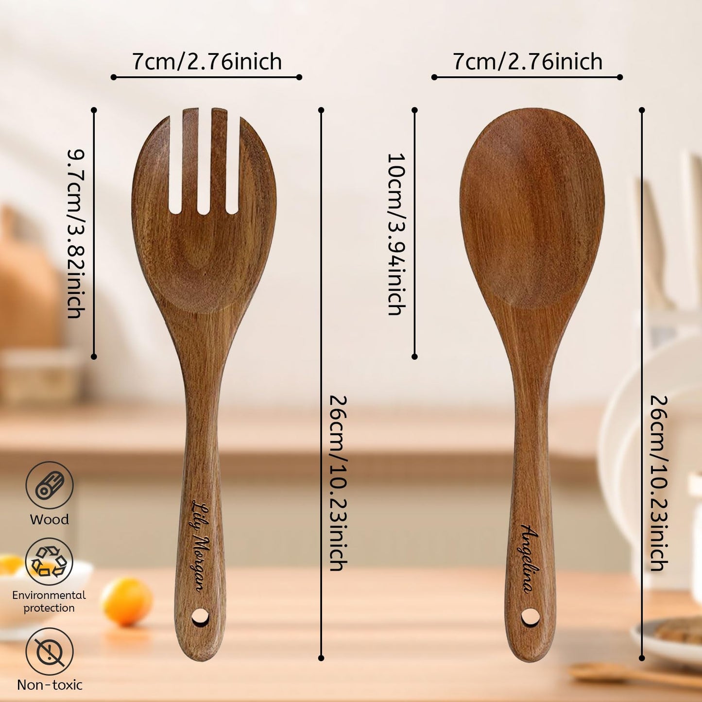 Personalized Salad Tongs for Serving Wooden Salad Servers with Name 10in Wood Spoons and Forks Set Salad Serving Utensils for Kitchen Mixing Tossing Cooking