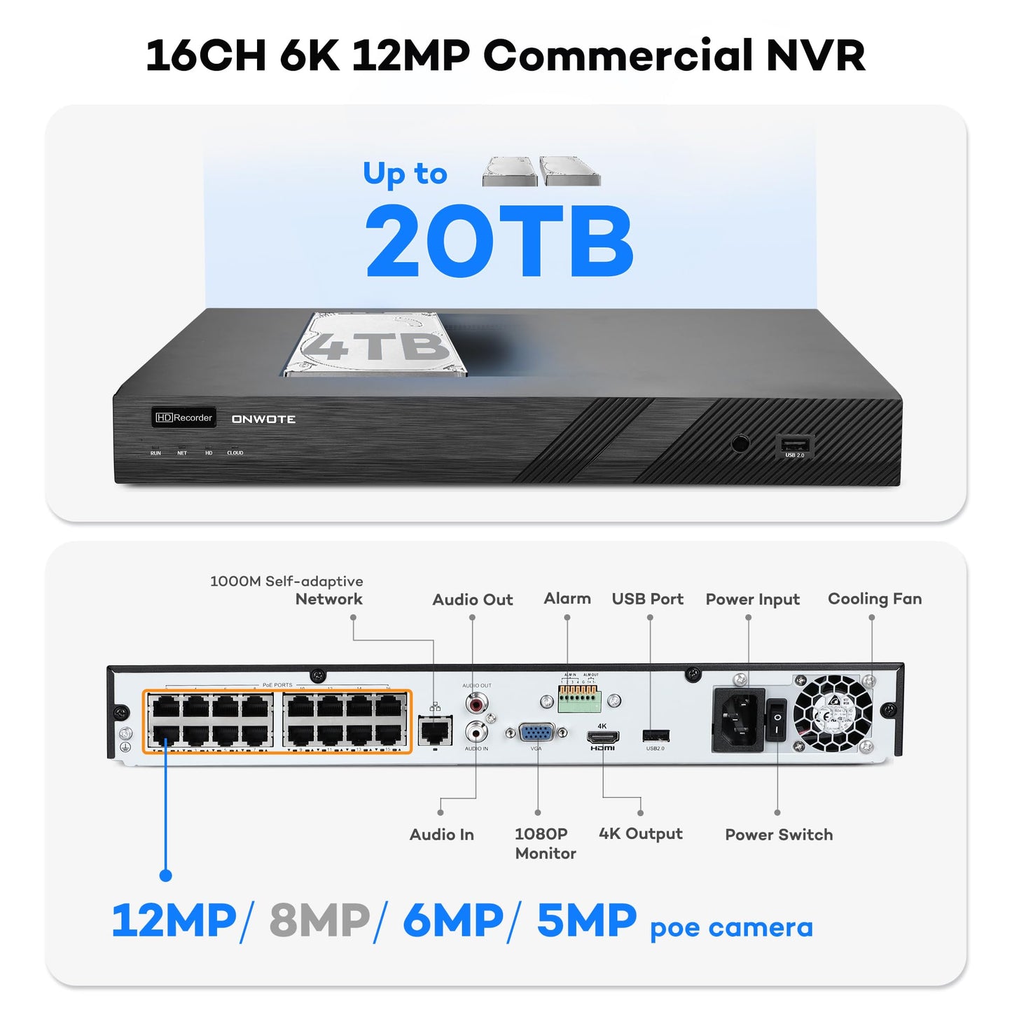 ONWOTE Face Recognition & AcuSearch, 2 Way Audio, 12MP NVR 16 Channel Security Camera System, 16x 4K 8MP Vandal Proof PoE IP Cameras, Total 1280ft Cables, 16CH Commercial NVR 4TB, CCTV for Business