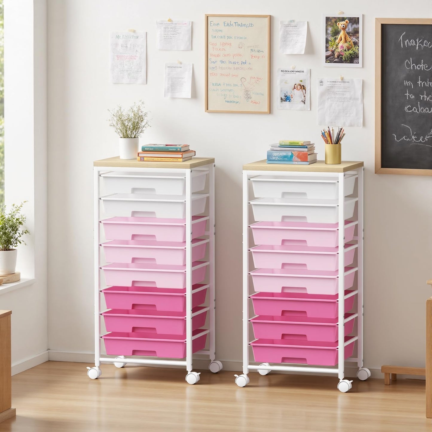 Rolling Cart with 8 Drawers, Plastic Drawer Storage Carts with Wheels & Wooden Tabletop, Metal Utility Cart Organizer for Bedroom Living Room Office Classroom Craft Organization and Storage, Pink