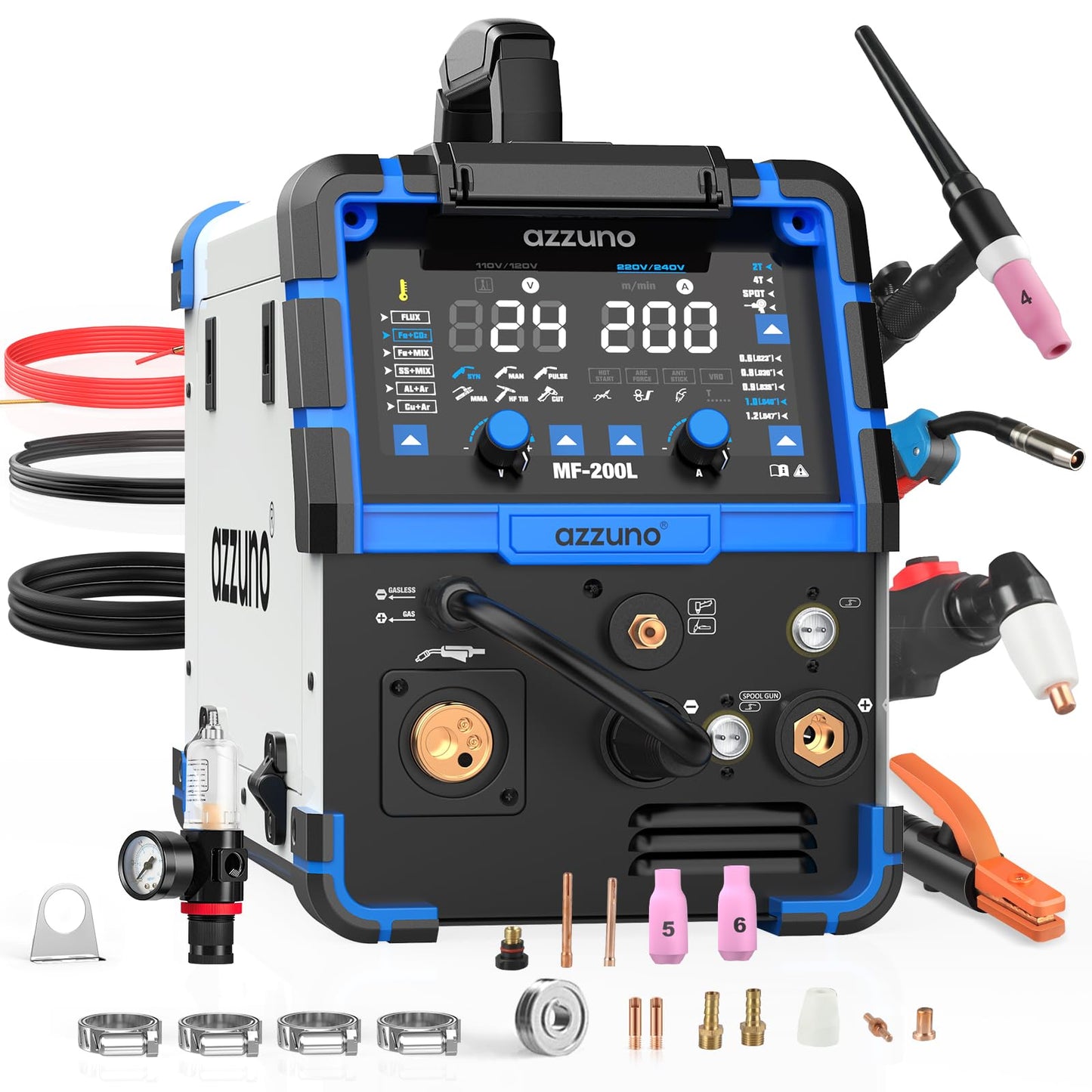 AZZUNO 200A Plasma Cutter Welder Combo, 9 in 1 Multiprocess Welder Machine Gas MIG/PULSE MIG/MAG/Flux Gasless MIG/Spool Gun Compatible/HF TIG/Stick/CUT/SPOT MIG, 110/220V Aluminum MIG Welding Machine
