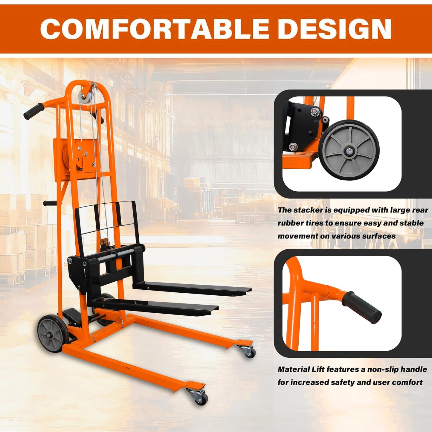 APOLLOLIFT Material Lift Winch Stacker, 500 lbs Capacity 41.4" Lifting Height, Manual Stacker Pallet Jack Truck Dolly with Swivel Casters and Lift Plate(Orange)