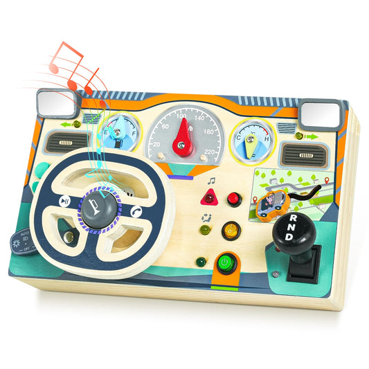 Busy Board Montessori Toys for 1 2 3 Year Old, Wooden Toddler Sensory Toy Busy Board with LED Lights Sound Switch, Toddlers Activity Travel Toy, Steering Wheel Toddler Toys Christmas Gift for Boy Girl
