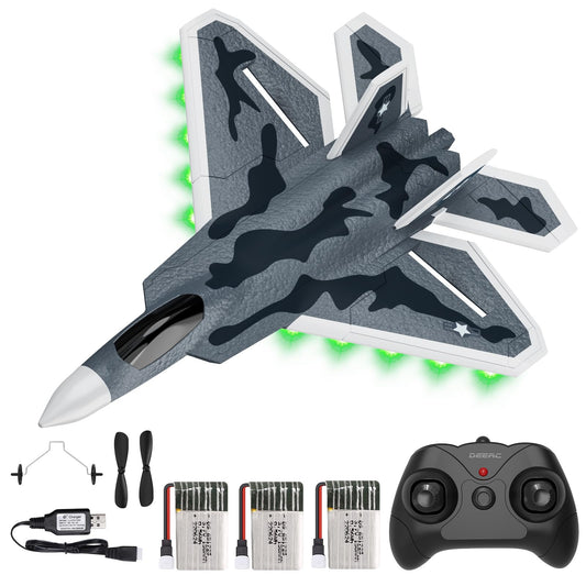 DEERC 2CH F22 Raptor RC Plane wiht Lights,Remote Control Airplane Fighter Toys,2.4GHz 6-axis Gyro Stabilizer RTF Glider Aircraft Jet Plane with 3 Batteries,Easy to Fly for Boys Adults