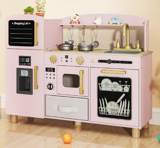 INFANS Kids Kitchen Playset, Toddler Wooden Pretend Cooking Toy Set with Acrylic Drawing Board Ice Machine Dishwasher Cloth Drawer Stove Removable Sink Simulation Play Kitchen for Boys Girls