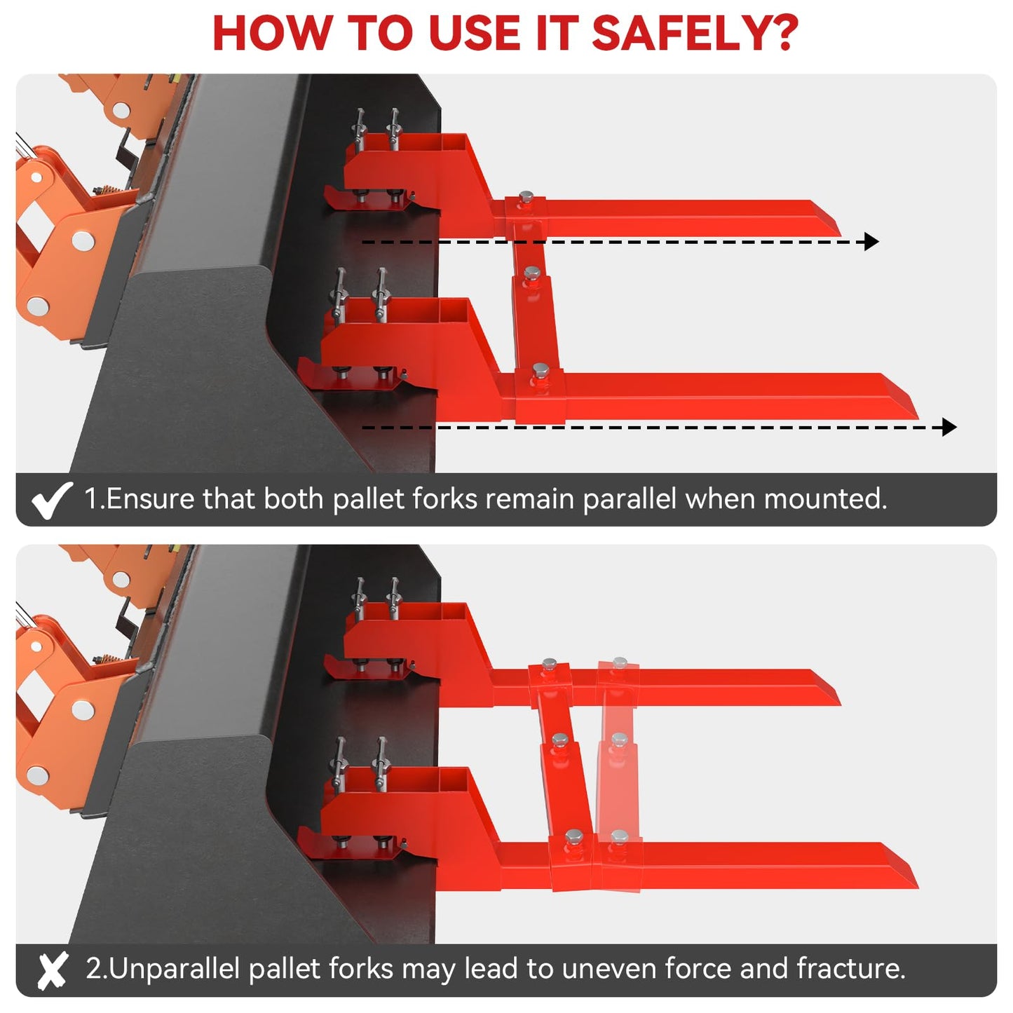 Upgraded 43" Tractor Bucket Forks,Clamp on Pallet Forks with Anti-Slip Tongue 2000LBS,Twin Screw Design,Adjustable Stabilizer Bar,Heavy Duty Skid Steer Pallet Forks for Tractor Bucket Loader, Red