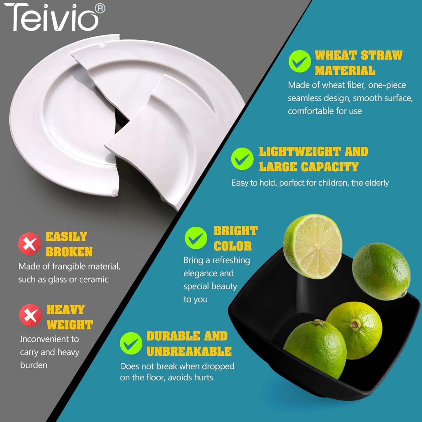 Teivio 32-piece Plastic Wheat Straw Square Dinnerware Set for 8, Unbreakable Dinner Plates, Salad Plates, Snack Bowls, Tumblers, Dishwasher Safe, Outdoor Kitchen Dinning RV Essentials Dish, Black