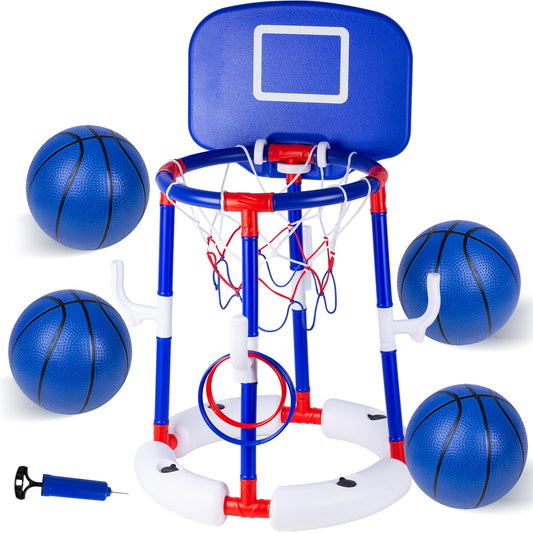 EXCECAR 2-in-1 Floating Pool Basketball Hoop Set,Blue Swimming Pool Basketball Hoop with Backboard,4 Balls,6 Rings & Pump,Water Basketball Hoop for Pool Party Fun & Outdoor Indoor Pool Toys