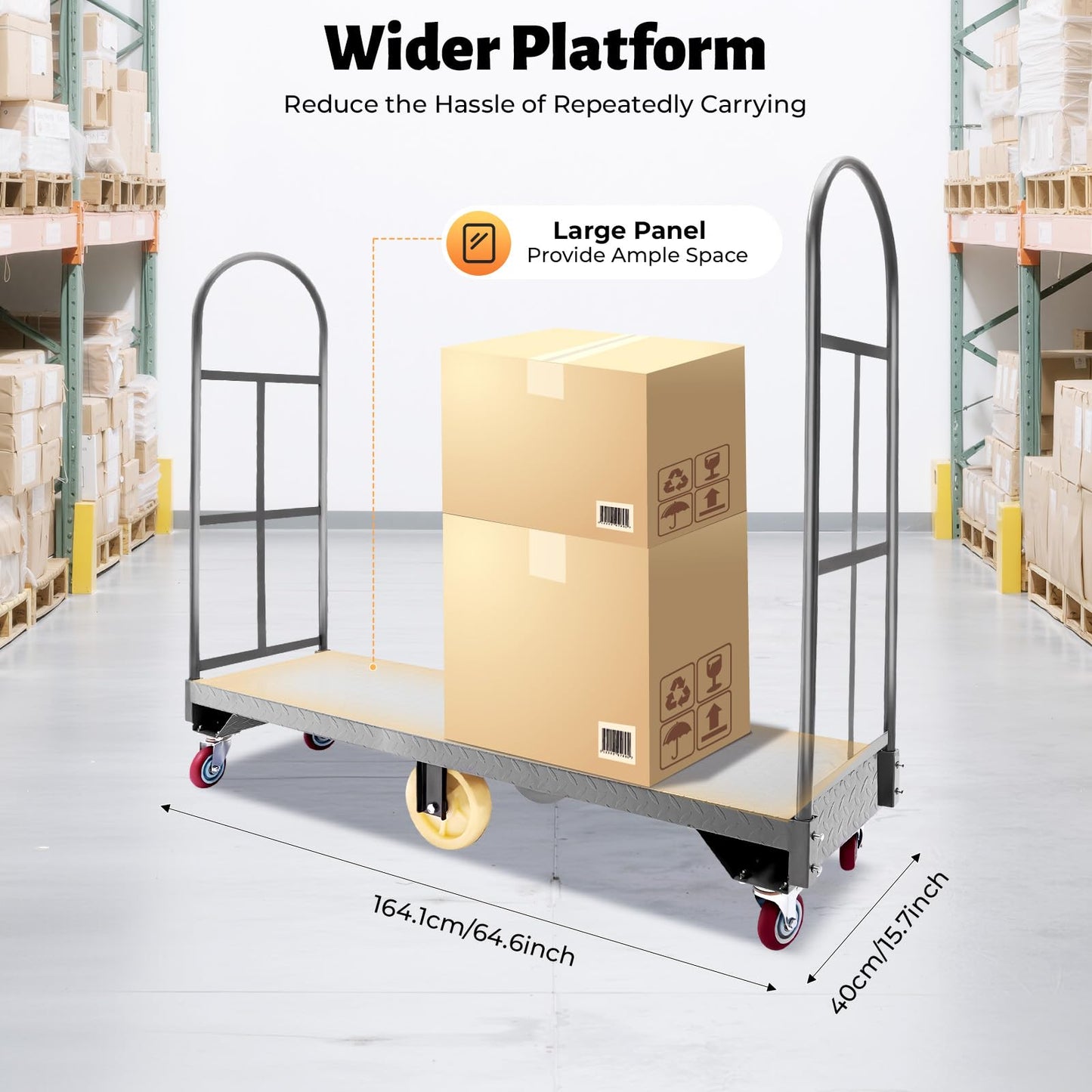 U-Boat Steel Platform Truck Cart, 64.6" x 15.7" Flatbed Push Cart with 6 Wheels, 2000 lbs Capacity & Removable Handles for Warehouse Garage Storage Heavy Load Transport