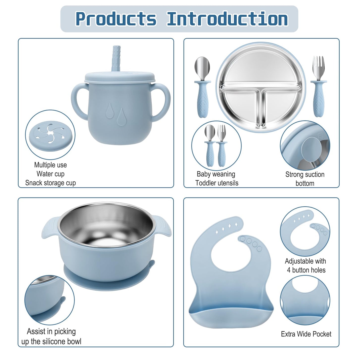 MISSLILI Stainless Steel Kids Plates and Bowls Set with Suction, Divided Baby Plate and Toddler Bowl with Removable Silicone Suction,Stainless Steel Weaning Bundle, Silicone Baby Feeding Set (Blue)