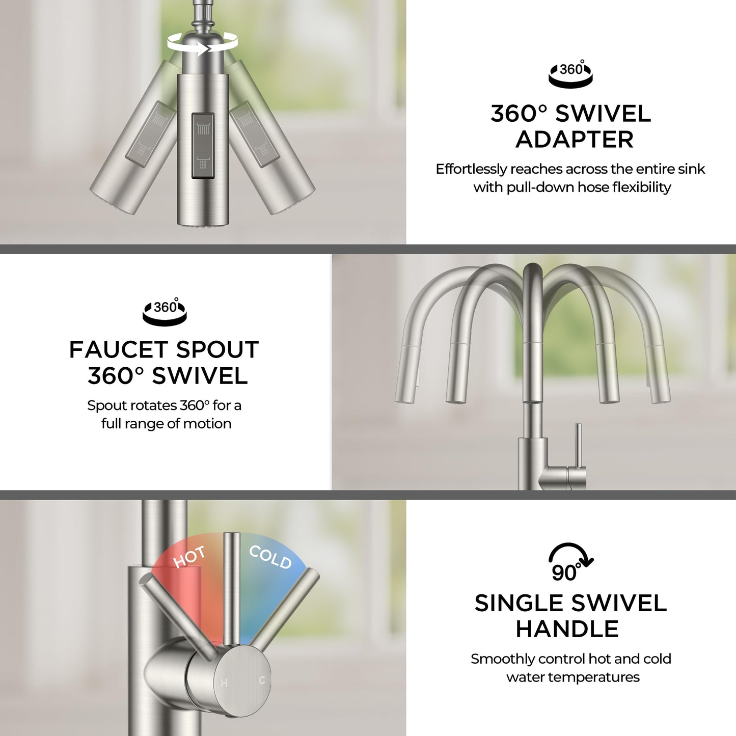 FORIOUS Kitchen Faucet with Pull Down Sprayer, Classic Brushed Nickel, Single Handle High Arc Stainless Steel Kitchen Sink Faucet, 1 or 3 Hole Deck Mount for RV, Bar, Farmhouse, Laundry, Outdoor