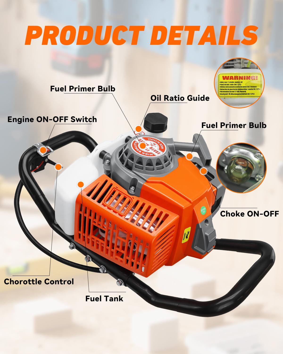 NEO-TEC 72CC Post Hole Digger Drill Gas Powered 2-Stroke & 8" Drill Bits + 1 Extension Bar, Earth Auger Petrol Drill Borer for Garden Lawn Auger Drill Bit for Planting