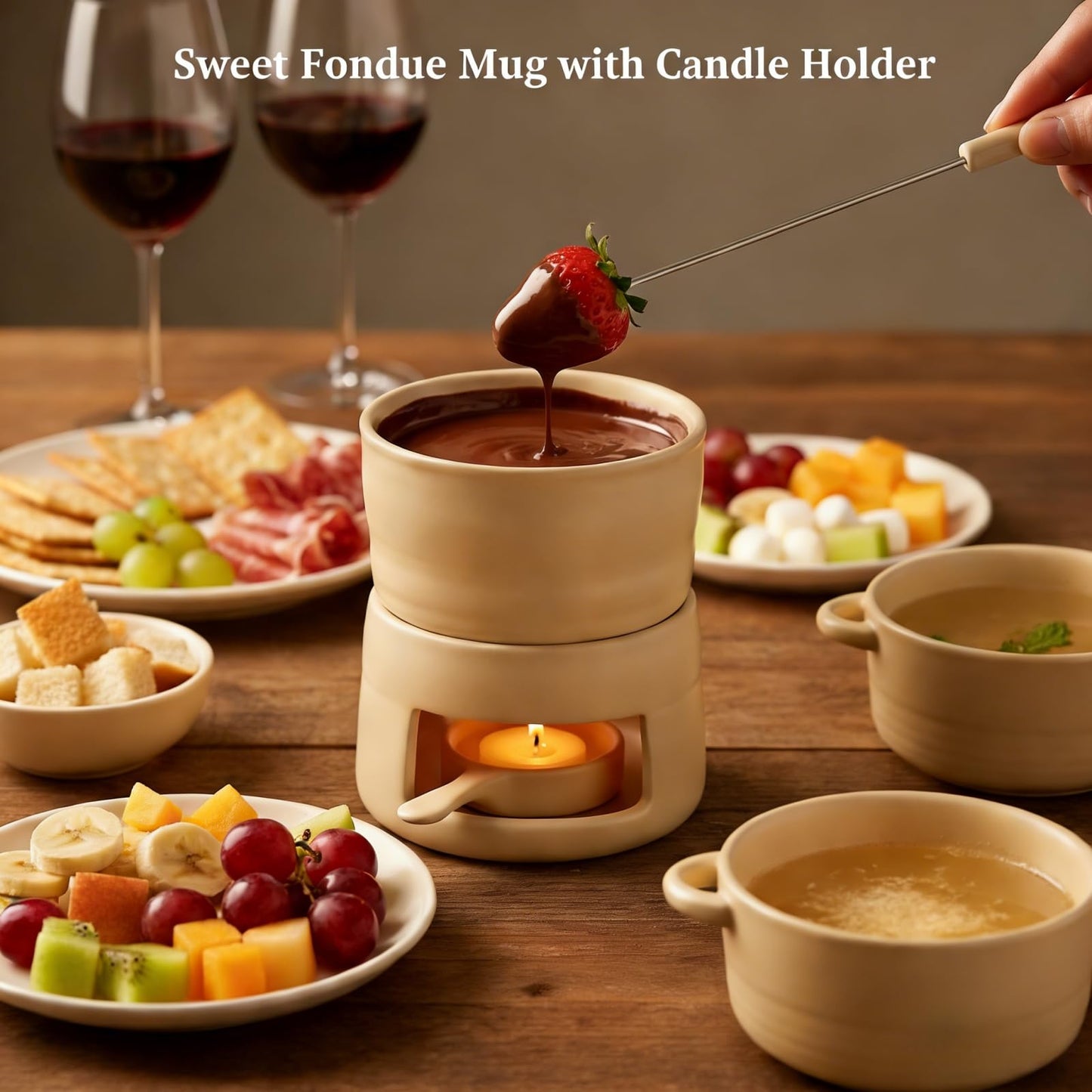 Sweet Fondue Mug with Candle Holder | Ceramic Chocolate Melting Cup & Reusable Candle Warmer Base | Mini Fondue Pot for Romantic Dates, Birthday Gifts (Wheat Yellow)