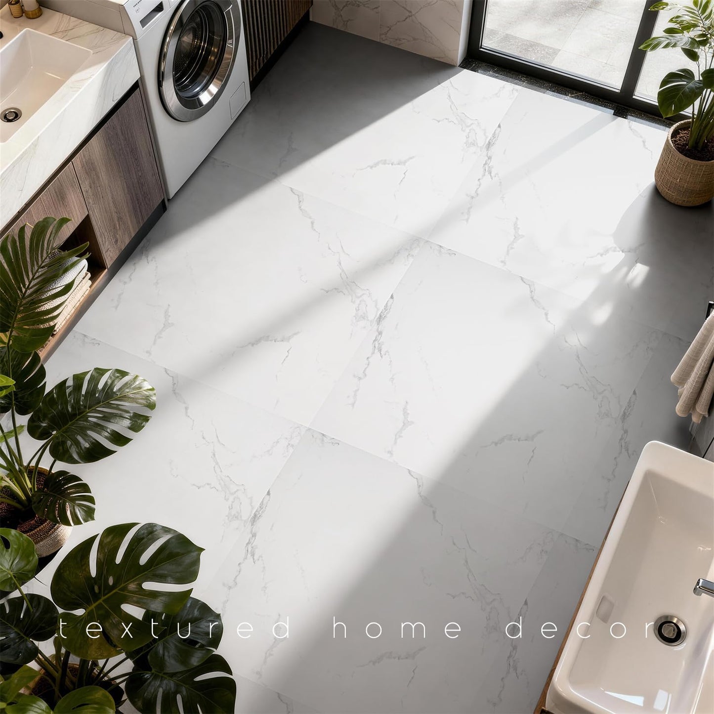 RORA 24x24 Inch Peel and Stick Floor Tile 10 -Pack Self-Adhesive Waterproof Vinyl Flooring,Vinyl Floor Tiles DIY for Bathroom, Laundry,Kitchen,Living Room,40 Sq.Ft, White Marble