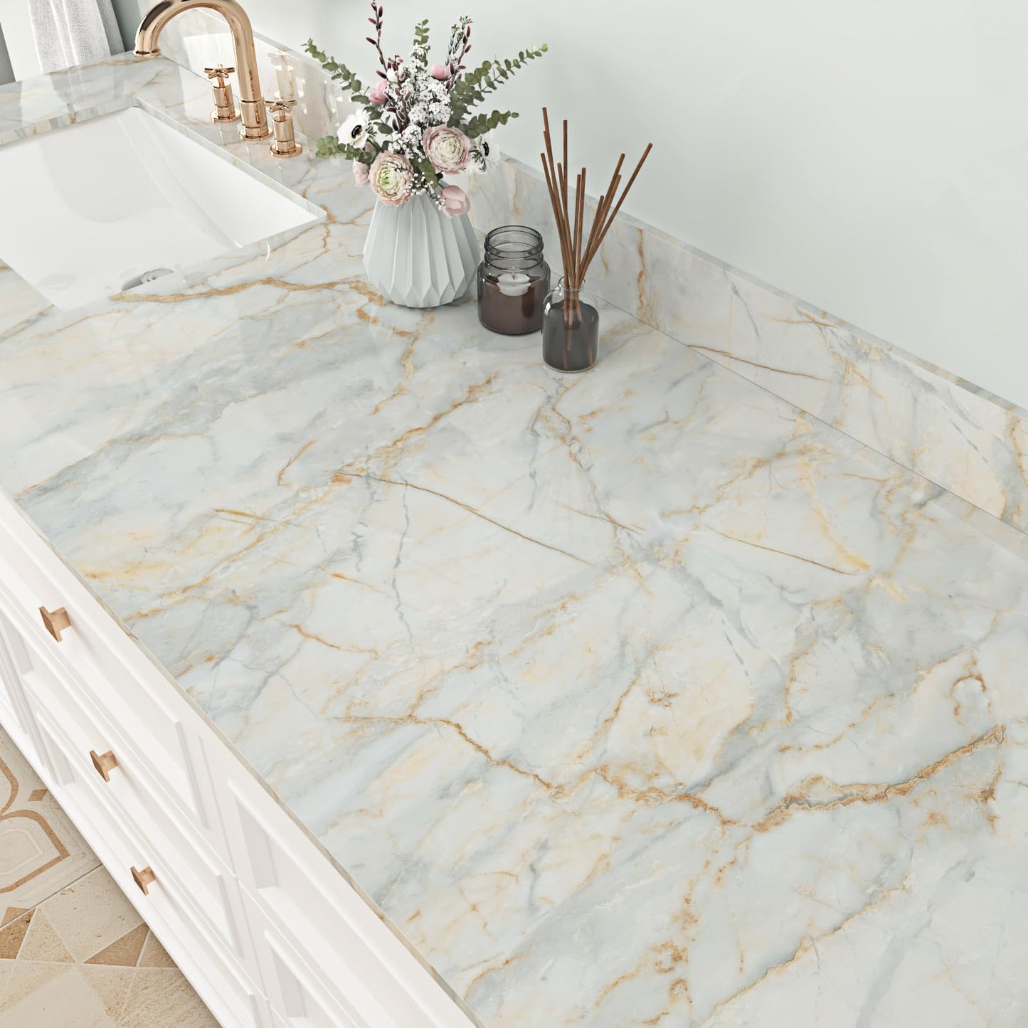 EPPKILY Cyan Marble Contact Paper Peel and Stick Countertops Glossy Gold Green Marble Wallpaper Self Adhesive Countertop Contact Paper Waterproof for Kitchen Cabinet Vinyl Wrap Bathroom 15.7"×118"