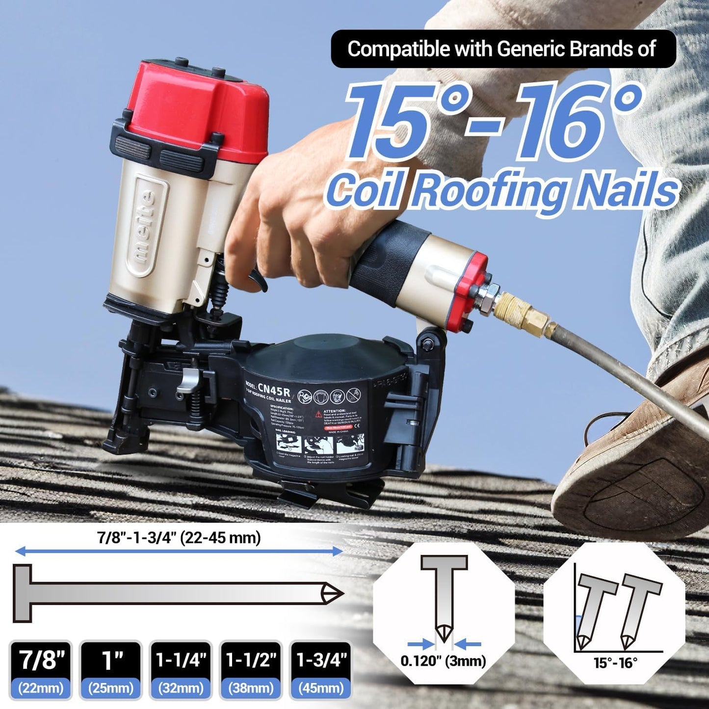 meite CN45R Coil Roofing Nailer Kit with 1-Inch Coil Roofing Nails, Pneumatic Roofing Nail Gun for Asphalt Shingles Underlayment Decking Roof Repair, 2,880PCS