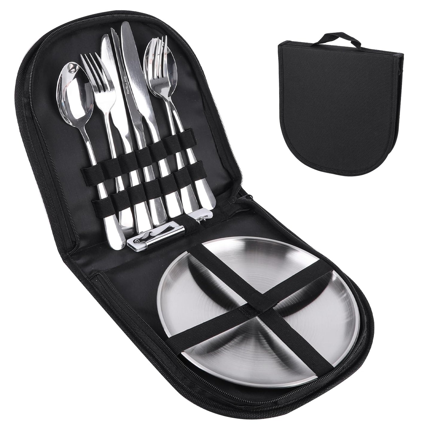 Outdoor Camping Silverware, 10Pcs Set Stainless Steel Outdoor Camping Mess Kits Includes Forks, Spoons, Knives, Fork Spoon Dish and Cap Opener, Plates - Portable Cutlery Bag (Stainless Steel)
