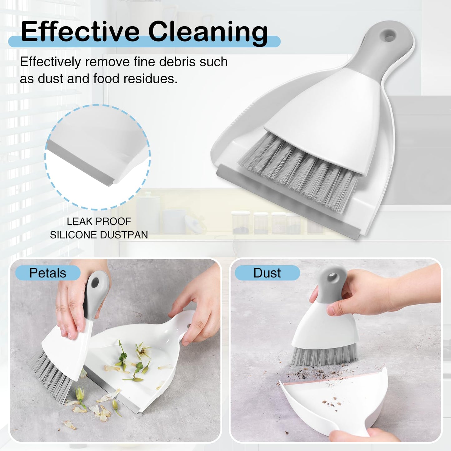 NACENA Mini Dustpan and Brush Set, Small Broom and Dustpan Set Dust Pan and Mini Hand Broom Dustpan and Broom Combo Compact for Home Table Keyboards Sofa Kitchen, White & Gray