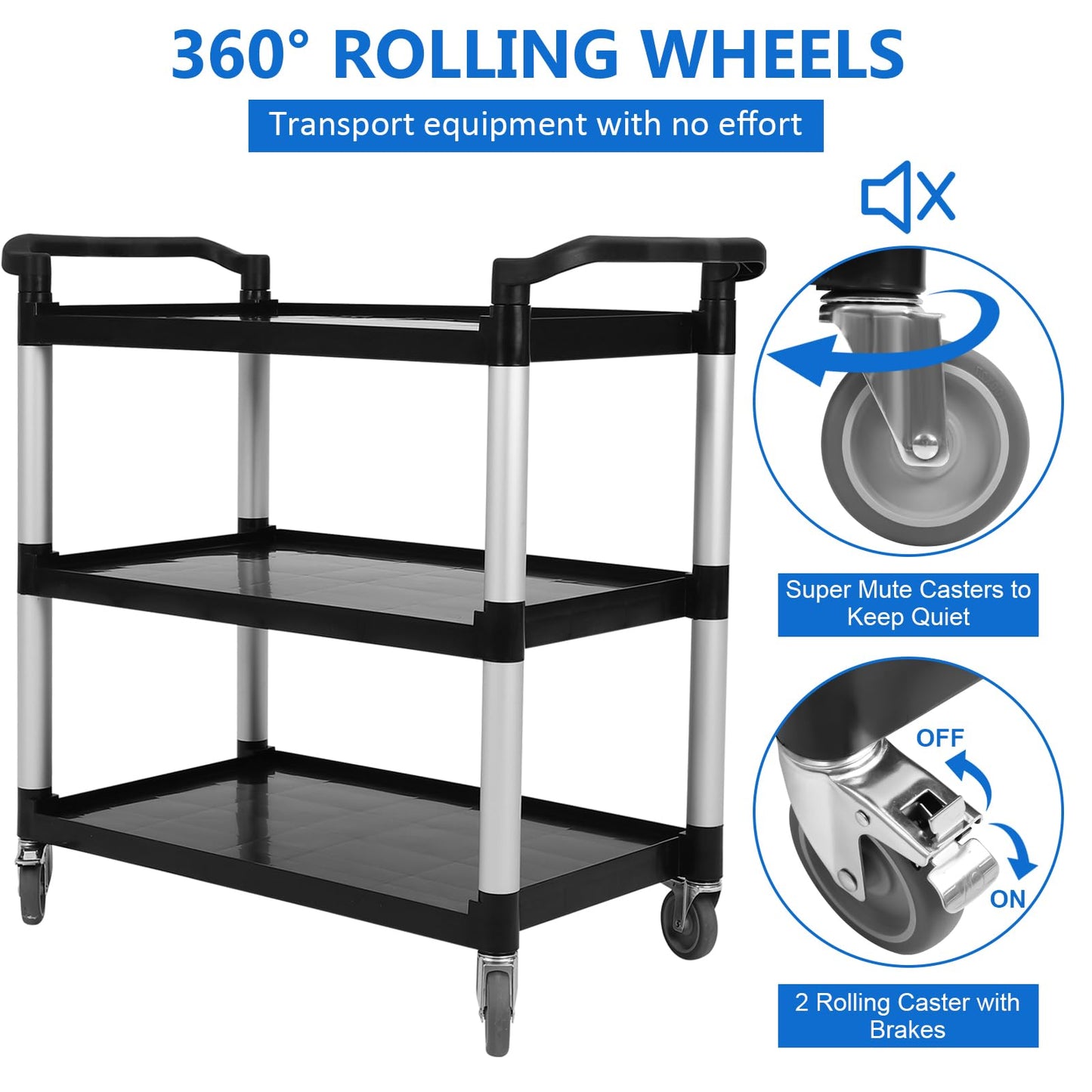 3-Tier Utility Cart, Heavy Duty 500 Lbs Capacity Service Cart with Lockable 360° Swivel Wheels – Multipurpose Storage Cart for Kitchen, Warehouse, Restaurant & Home, Black