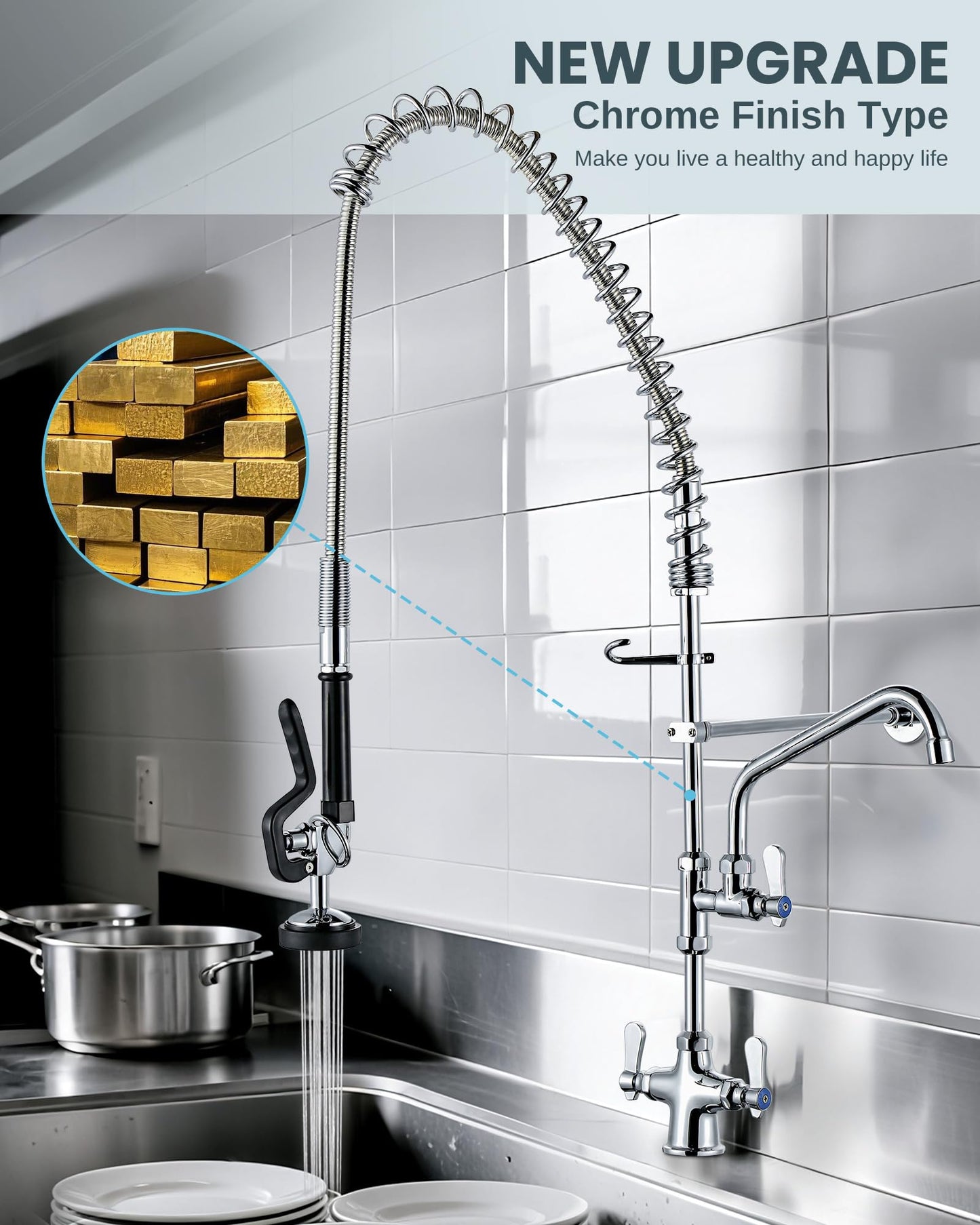 iVIGA Single Hole 39" Height Commercial Kitchen Faucet Deck Mount with Pre-Rinse Sprayer, Commercial Sink Faucet with 10" Add-on Swing Spout & Spring Pull Down Sprayer for Restaurant Hotel