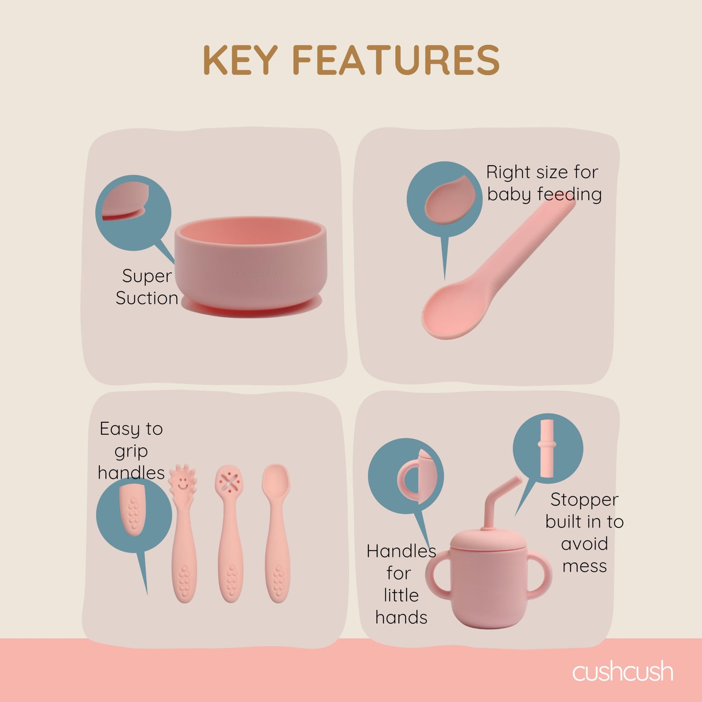 Cushcush Silicone Baby Feeding Set, Baby Led Weaning Supplies, First Stage Solid Food eating Utensils, Divided Suction Plate, Bowl, Bibs, Sippy Cup, Placemat - 6+ months Newborn Gift (Blush Pink)
