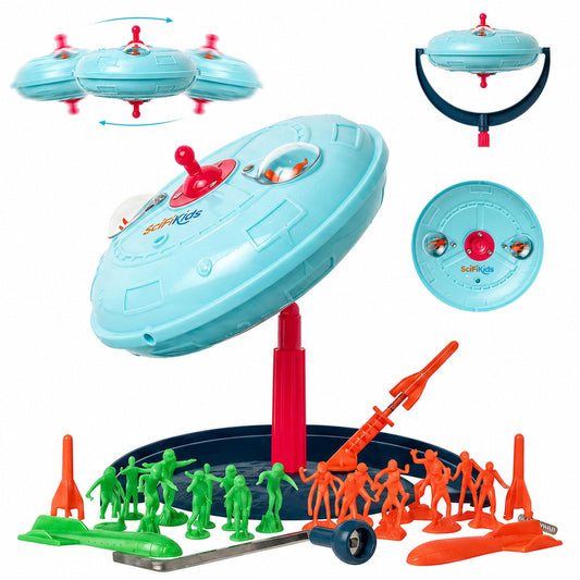 SciFiKids Vintage Wind-Up Toy – 1950s Classic UFO Spinning Gyroscope Spaceship with Aliens & Spring Rocket, Retro Mechanical Flying Saucer Toy for Kids & Collectors