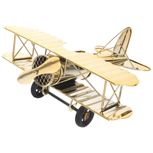 LOGOFUN Metal Airplane Decorations Hanging Iron Biplane Retro Plane Aircraft Vintage Airplane Models for Home Office Shelf Desk Decor - Gold 8 * 7 * 3in
