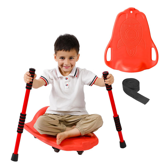 Large Scooter Board for Kids, Plastic Floor Scooter Board with 2 Paddles, 1 Rope, Handles, Buckle, 5 Wheels, Gym Scooters Boards for Indoor Outdoor Sports,Sensory Training (Red)