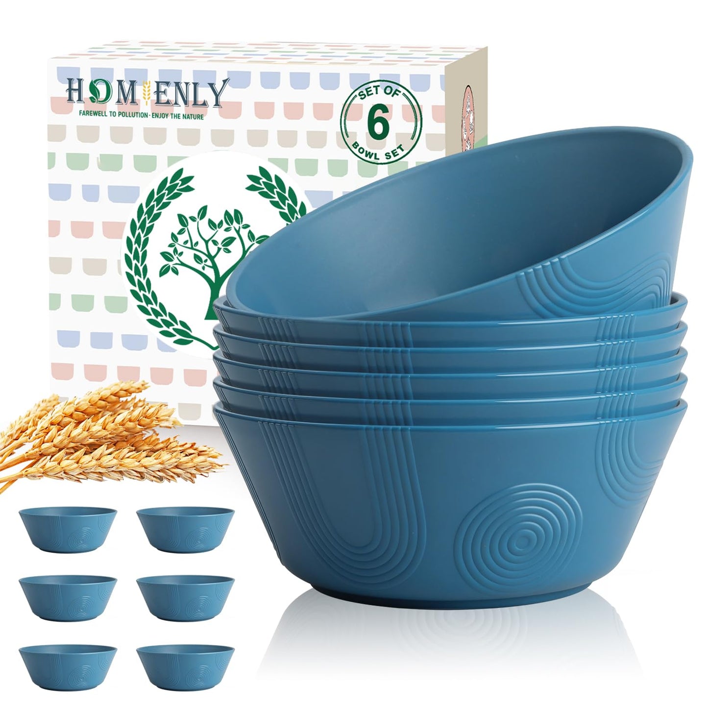 Homienly Wheat Straw Bowls, Unbreakable Soup Bowls Set of 6, Alternatives Plastic Bowls Microwave Safe, Dishwasher Safe Stackable 36oz Large Cereal Bowl for Kitchen, Camping, Serving (Navy Blue)