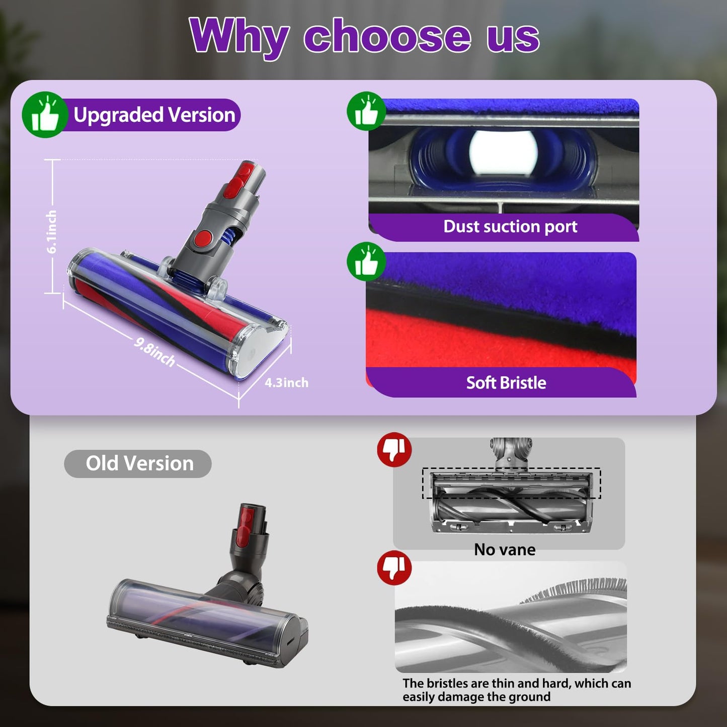 Soft Roller Cleaner Head Compatible with Dy son V10 V11 V15 V8 V7 Cordless Vacuum, Quick Release Fluffy Vacuum Head Replacement Attachments Parts Accessories for Hardwood, Vinyl Floor