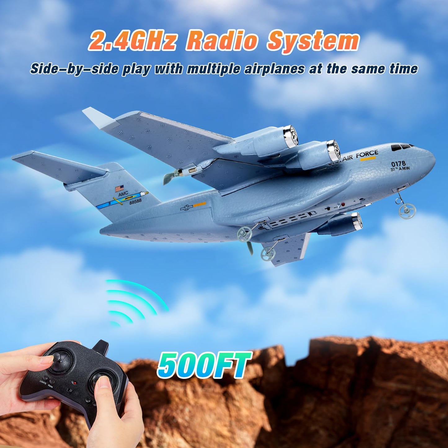 RC Airplane, 2CH RC Plane Ready to Fly, 2.4GHz C-17 Remote Control Airplane with 6-axis Gyro Stabilizer Globemaster III Military Transport Aircraft for Beginners Boys Kids Adults Patent Pending