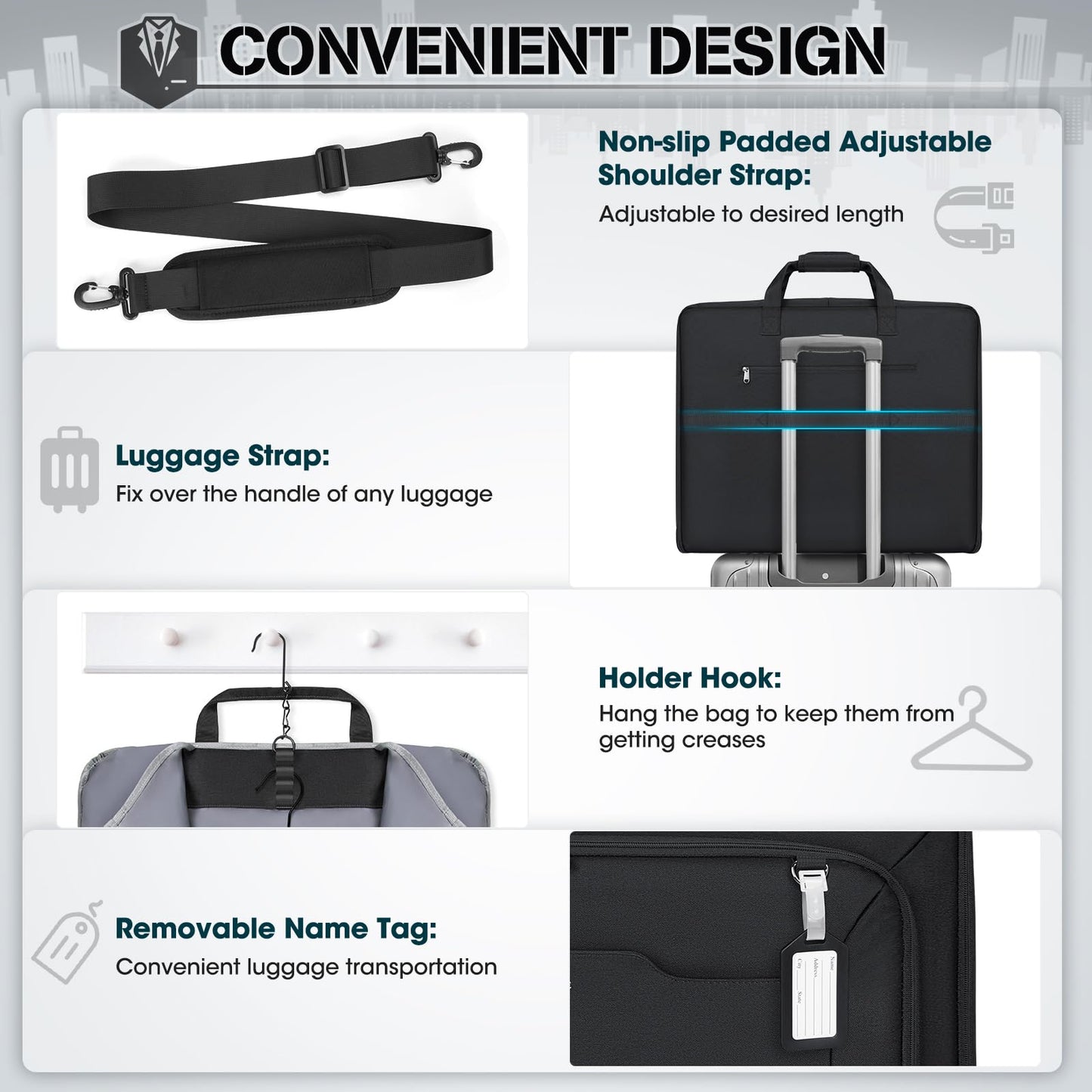 RAINSMORE Garment Bags for Travel Carry On Garment Bag for Hanging Clothes, Suit Bag for Business Trips with Shoes bag & Shoulder Strap, Waterproof Foldable Suit Luggage Bag for Men Women, Black