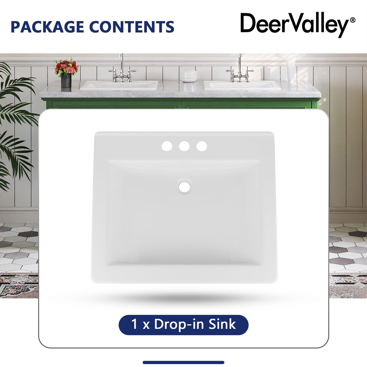 DeerValley 21x18 Inch Rectangular Ceramic Drop-in Bathroom Sink, Under Counter Vessel Sink with Overflow, White Vanity Basin
