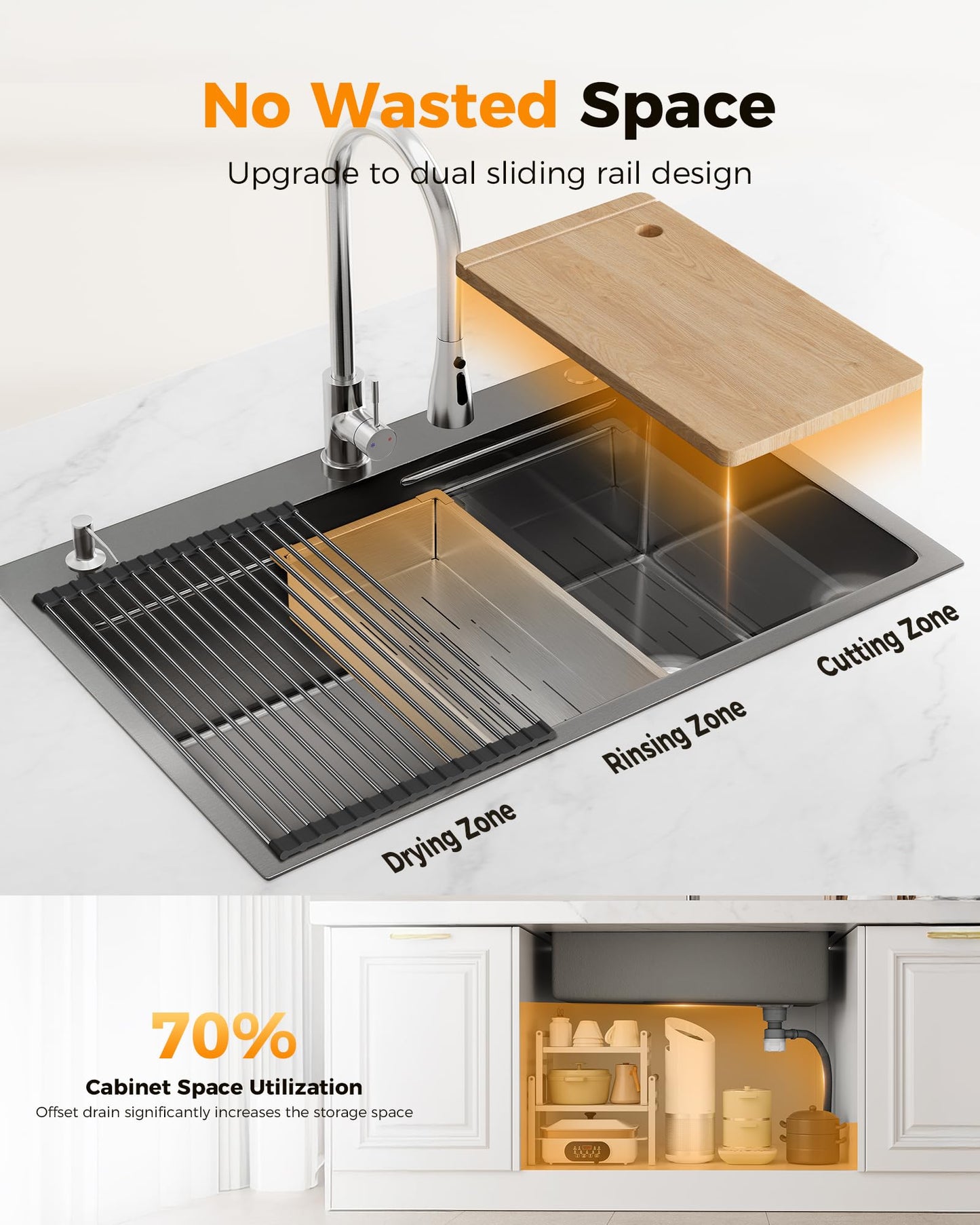 CAMMOO 33X22 Drop In Kitchen Sink, Nano 304 Stainless Steel Workstation Sink, Pop-Up Drain, Upgraded Fast Drain & Anti-Clog, Topmount Single Bowl with Accessories, Foldable Grid, black sink