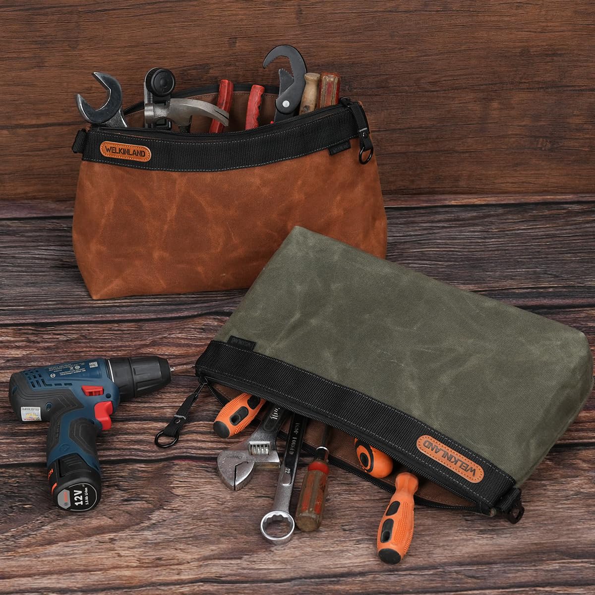 WELKINLAND 2-Pack Heavy-Duty Waxed Canvas Tool Pouches, 14-Inch Zippered Tool Organizer Pouches with Water-Resistant Coating and Durable Canvas Construction