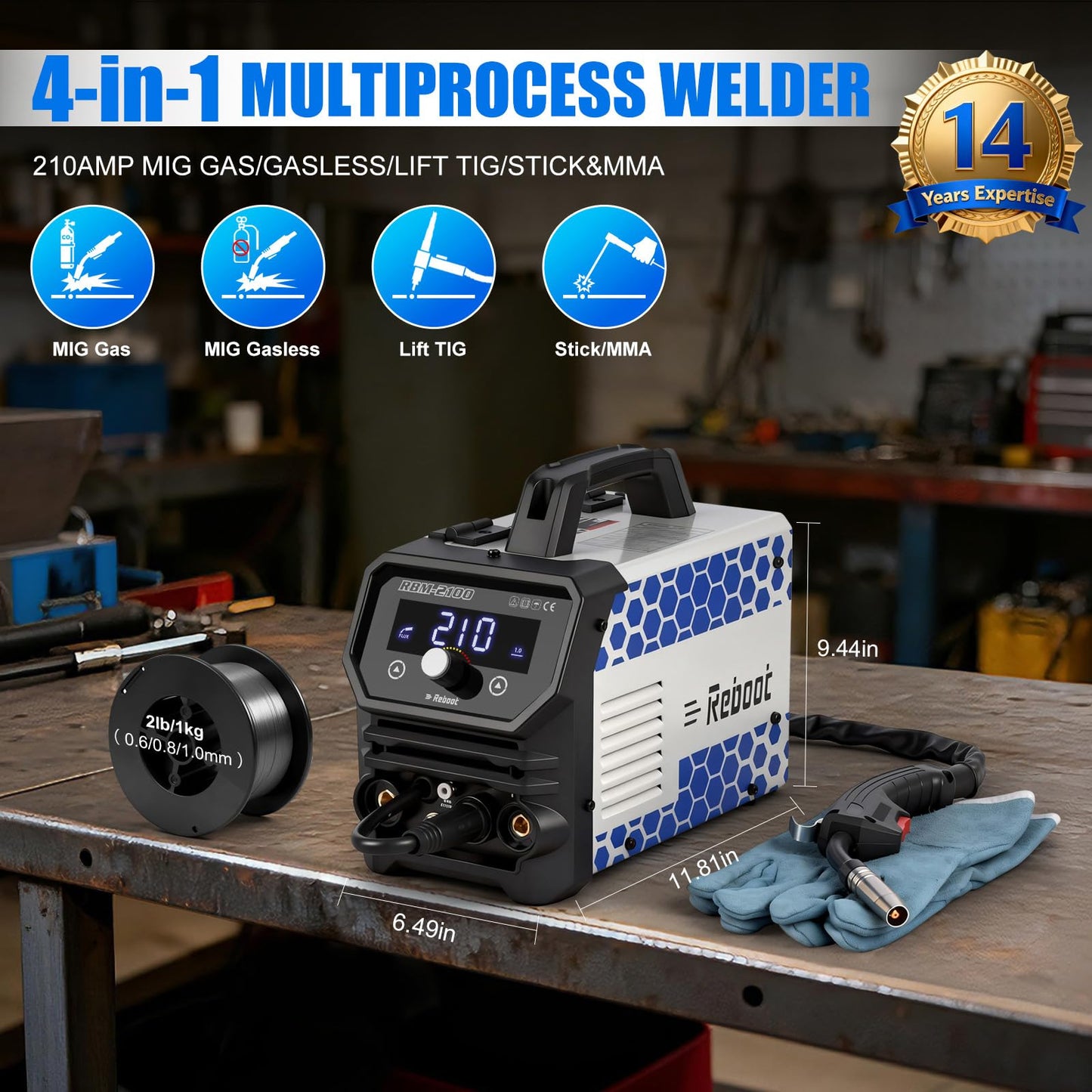 Reboot 210A MIG Welder 120V 4 in 1 Welding Machine Gas/Gasless Flux Core/Lift TIG/Stick Large Digital Led Display with IGBT Inverter RBM2100