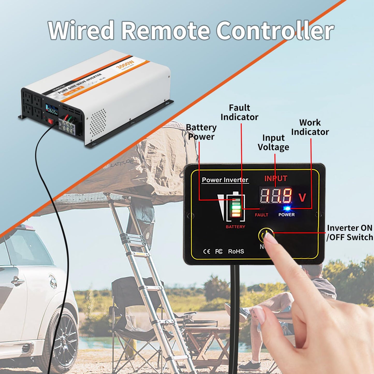 OUBOTEK 3000 Watt Pure Sine Wave Power Inverter, DC 12V to AC 120V with LCD Display, Remote Control, USB Port, 4 AC Outlets, and Terminal Block for RV Boat Camping Solar System and Home Use