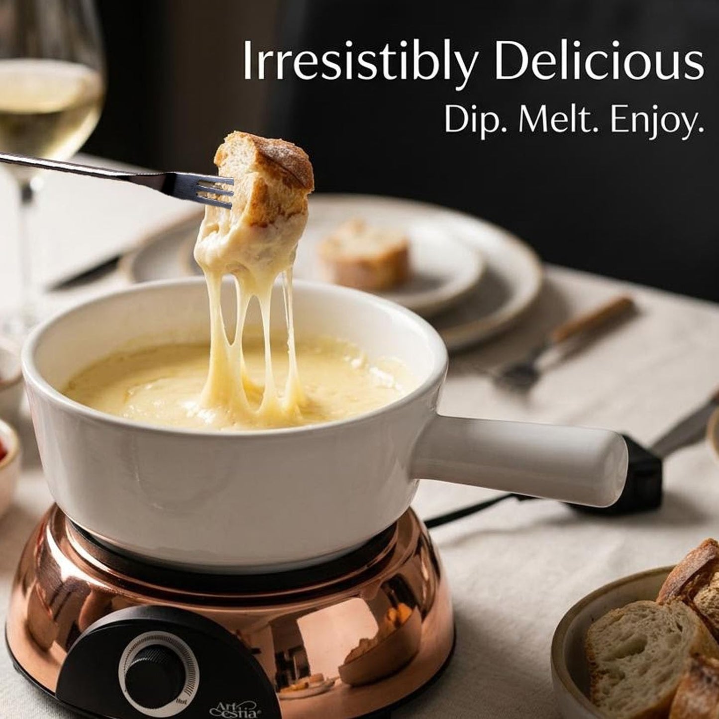 Artestia Electric Dip Warmer & Fondue Pot with Adjustable Temperature – Multi-Purpose Cheese Dip, Queso, Nacho Cheese Sauce, Gravy, Broth Fondue & Hot Fudge Warmer for Parties, White