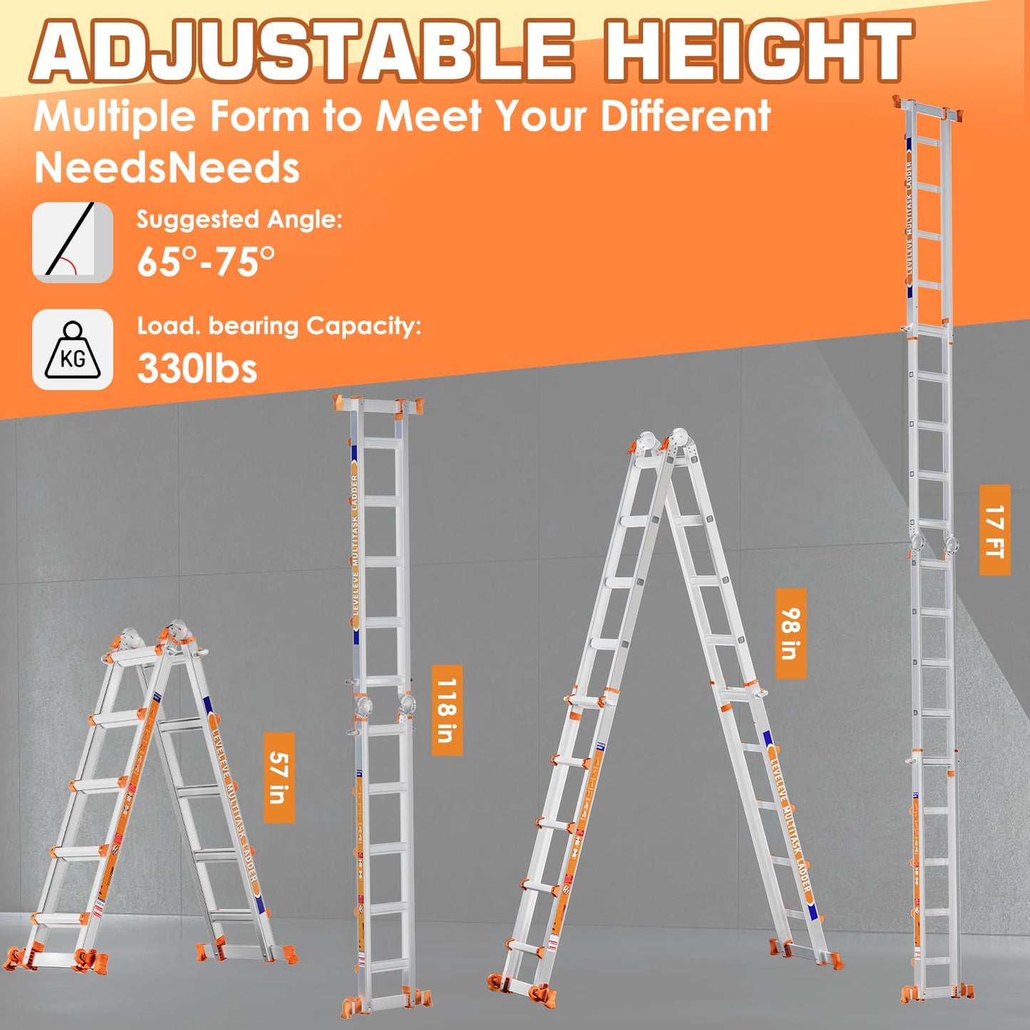 LEVELEVE A Frame 5 Step Ladder, 17FT Extension Ladder with Stabilizer Bar & Wheels,330 lbs Security Load Multi Position Ladder for Stairs Home Indoor Outdoor Roof