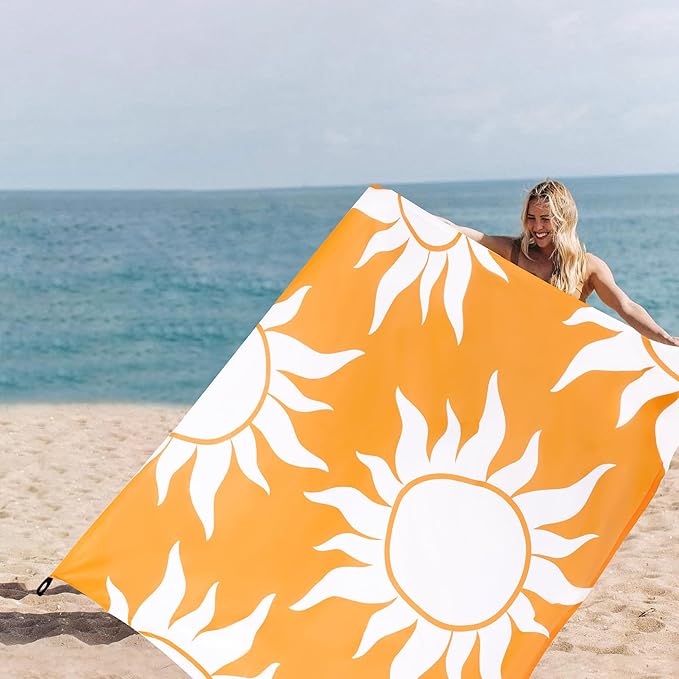 Beach Blanket, Waterproof Sandproof Beach Blanket with 4 Stakes & Pockets, 78''×86'' Lightweight Outdoor Picnic Blanket for Travel, Camping, Hiking