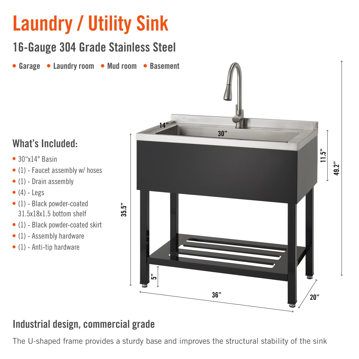 TRINITY 36-Inch Freestanding Stainless Steel Utility Sink, NSF Commercial Sink for Laundry Room, Restaurant Kitchen Prep, Garage, Shop, Food Truck, Dog Wash, With Hot/Cold Pull-Out Faucet, Black