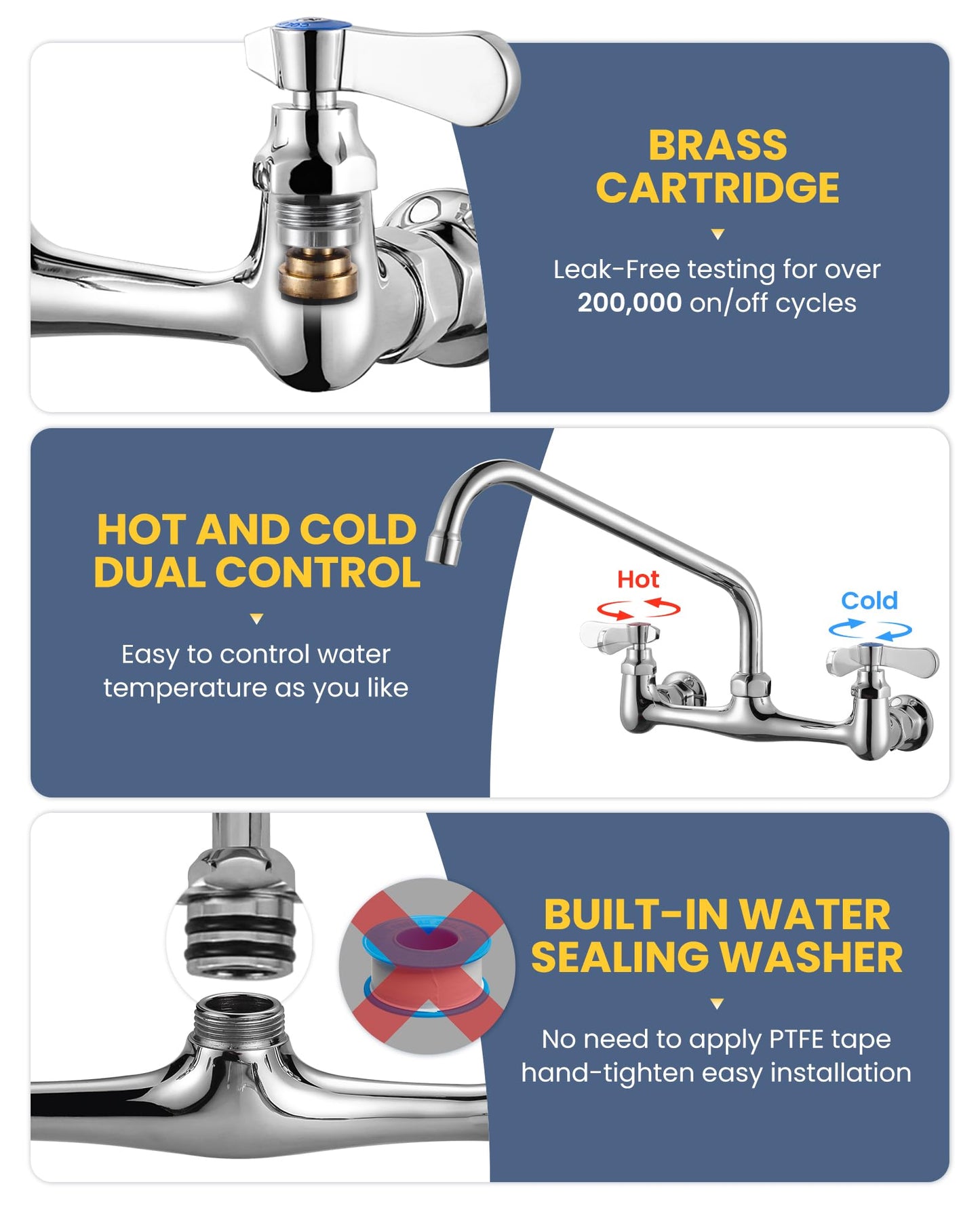iVIGA Commercial Sink Faucet with 12” Swivel Spout, 8" Center Wall Mount Kitchen Faucet, Dual Handles Brass Utility Sink Faucet for Laundry Room Restaurant Compartment Sink, Polish Chrome