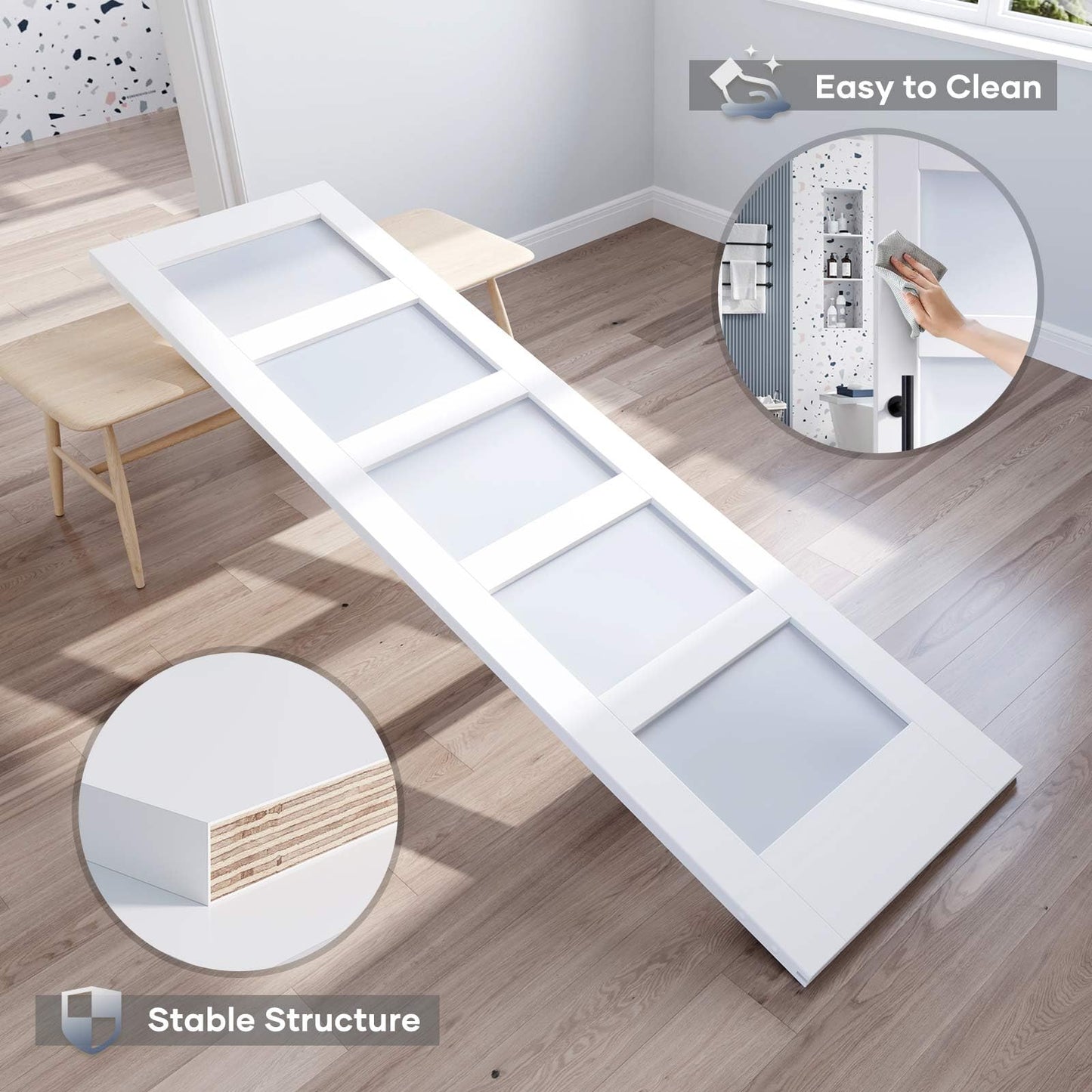 ROYMELO 28x84 Inch Glass Sliding Barn Door Slab and 5ft Hardware Kit Included, 5 Frosted Glass, LVL Wood Panel Covered with White Water-Proof Scratch-Proof PVC Surface, Simple DIY Assembly