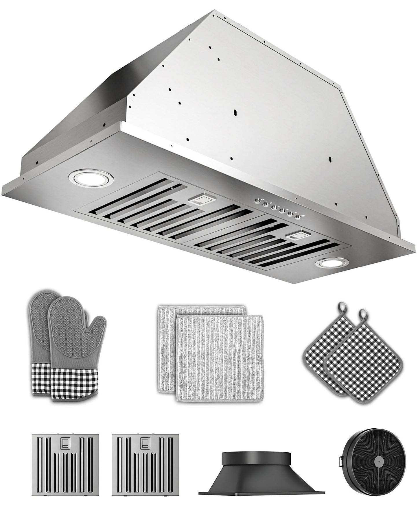 FlyPine 30 inch Stainless Steel Insert Range Hood - 900 CFM, Ultra-Quiet 4-Speed Vent, Button Control, LED Lights, Ducted/Ductless Convertible