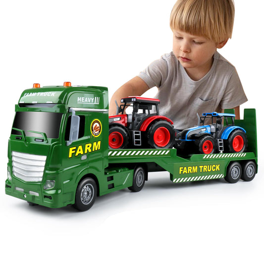 Dwi Dowellin Large Flatbed Semi Truck Toy for Kids,Includes Farm Vehicles,Car Toy Birthday Gift for 2 3 4 5 Years Old Boys and Girls